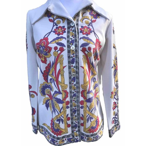 Vintage America Jackets & Blazers - Vtg 60s Rare Smartique Polyester Mod Floral Geo Blouse Shirt 36 M Boho Disco HTF